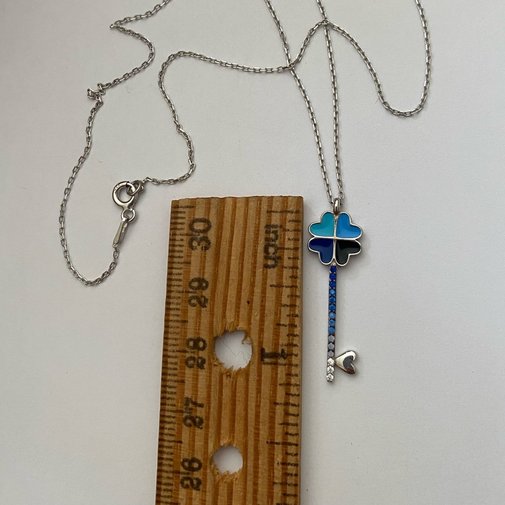 Blue heart clover key 925 silver cz necklace - Picture 5 of 9
